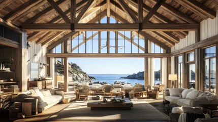Obraz premium Cozy Coastal Living Room with Stunning Ocean View