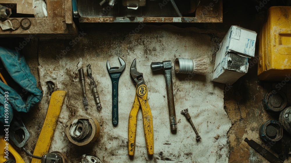 Aufkleber tools and equipment on workshop table overview