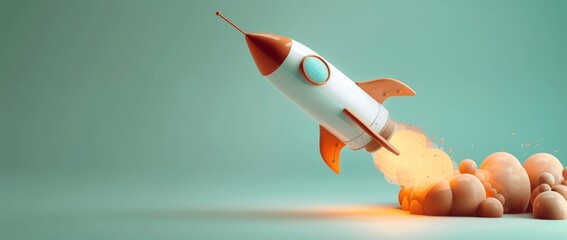 A cute cartoon rocket soaring through the sky with a minimalist design in pastel green and blue, symbolizing innovation and new ideas