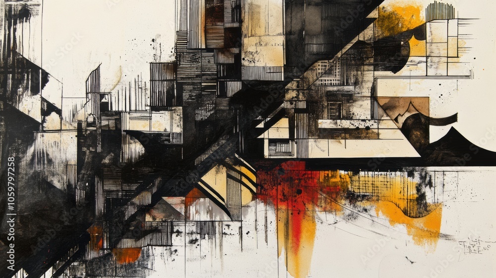 Aufkleber Bold black ink shapes depict an abstract urban landscape, combining sharp lines and fluid forms to suggest a vibrant city atmosphere. Generative AI