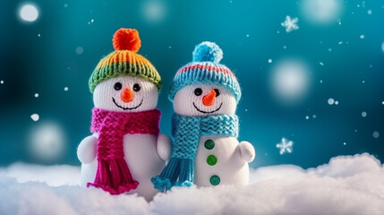 knitted snowmen with hats and scarves on the white snow, AI-generated