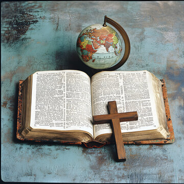 A Bible with a World globe and wooden Cross. A Christian Missionary concept. 