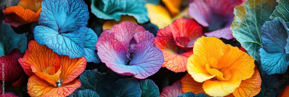 Poster The image presents a stunning close-up of flowering plants, displaying an array of vivid colors in full bloom in a garden. Generative AI
