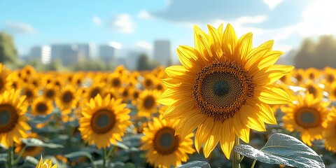 Obraz premium A vibrant close-up of a single sunflower, showcasing its bright yellow petals and intricate center, surrounded by a field of sunflowers with a soft city skyline in the background.