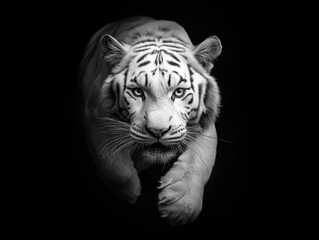 Obraz premium A huge white tiger with sharp eyes and flowing fur is running