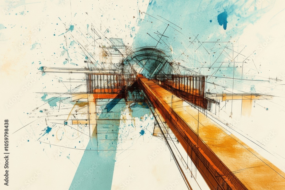 Poster an intricate abstract drawing showcases a bridge with vivid colors and geometric forms, highlighting