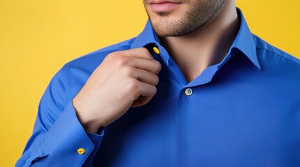 Stylish Royal Blue Short-Sleeved Shirt for Social Occasions: Featuring Vibrant Yellow Cuffs and Inner Collar. This image showcases a fashionable royal blue shirt designed for social gatherings, 