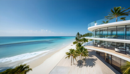 Fototapeta premium beach resort.Luxurious oceanfront hotel with transparent terraces, sleek architecture, and views of a white sandy beach and swaying palm trees