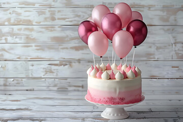 Photograph of Birthday Cake, Candles, and Pink and White Balloons on a Table Wooden Background, Celebratory Decor, Ideal for Party Scenes, Social Media, Invitations, Ads, Websites, Parties, Banners