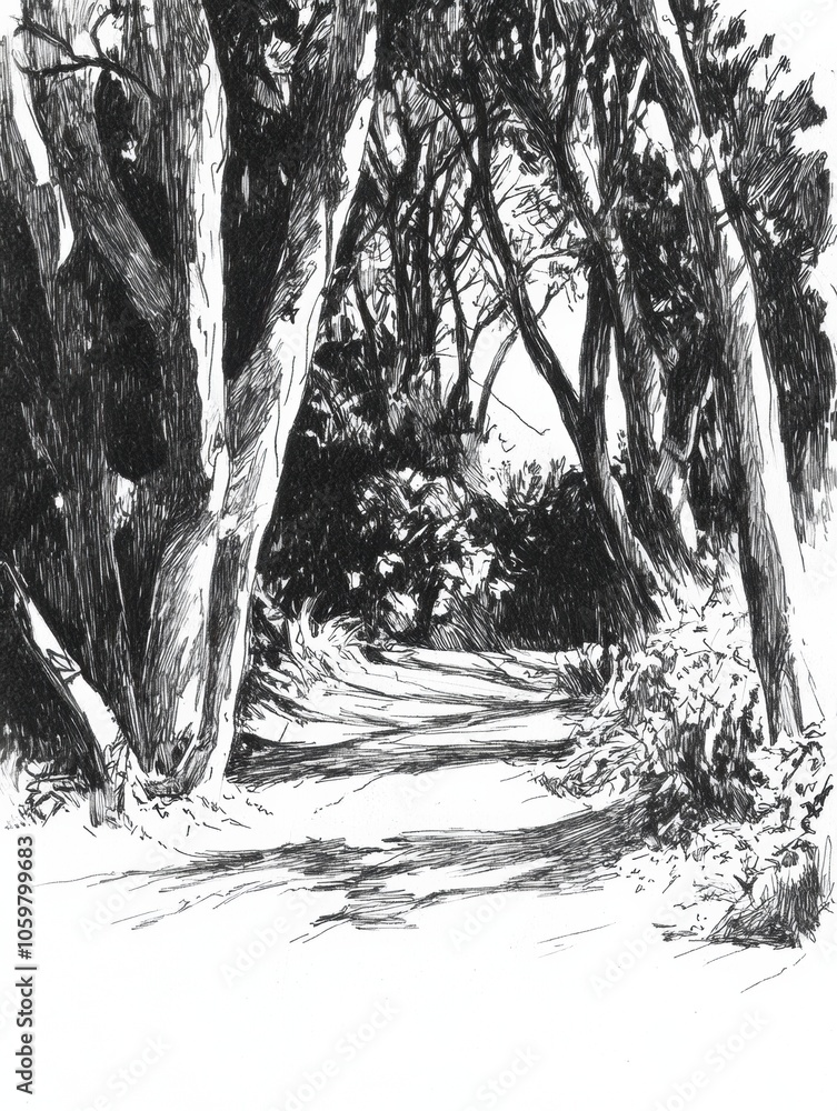 Poster A winding forest path enveloped by intricately detailed trees casting deep shadows, inviting exploration. Generative AI