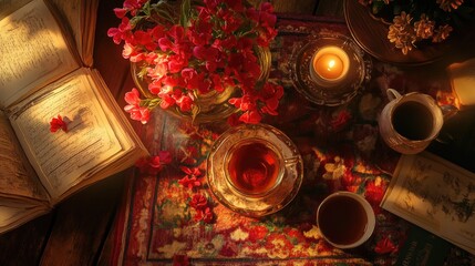 Tranquil Tea Moment with Flowers and Books