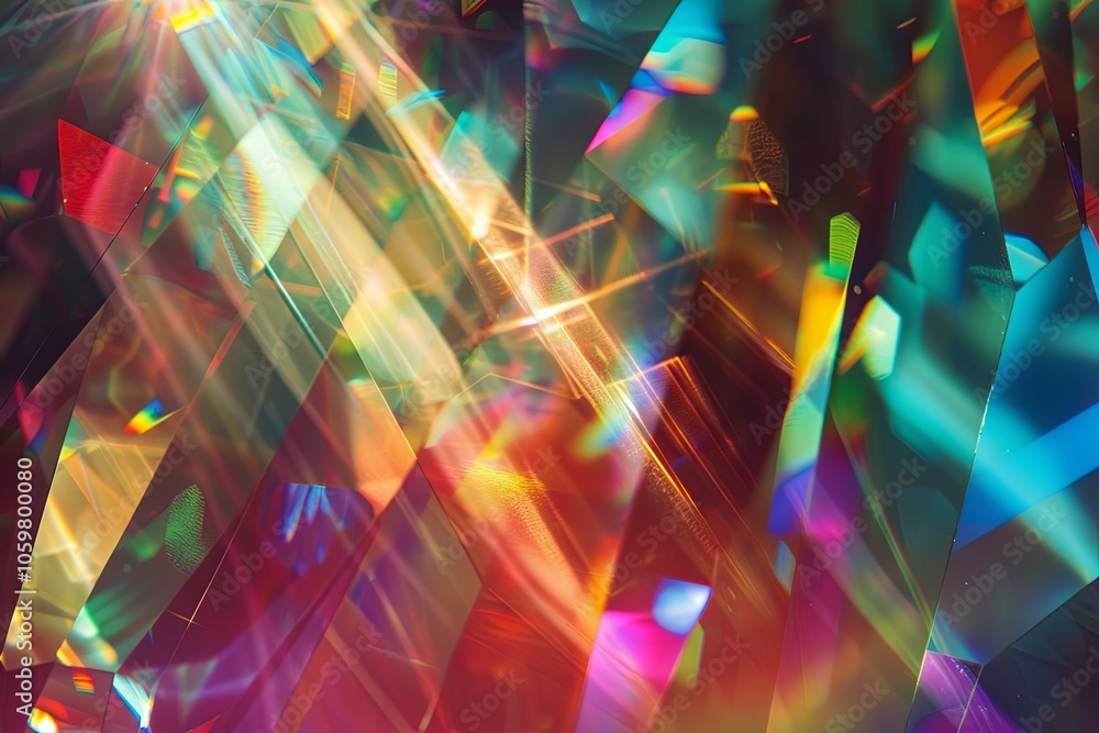 Poster colorful light reflections and patterns created by a faceted crystal arrangement in an artistic disp