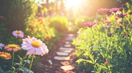 Fototapeta premium Enchanting garden path, a journey through vibrant blossoms and lush greenery tranquil