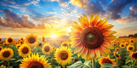 Fototapeta premium A vibrant sunflower blooms in the foreground, reaching towards a brilliant sunset sky above a field of golden sunflowers.