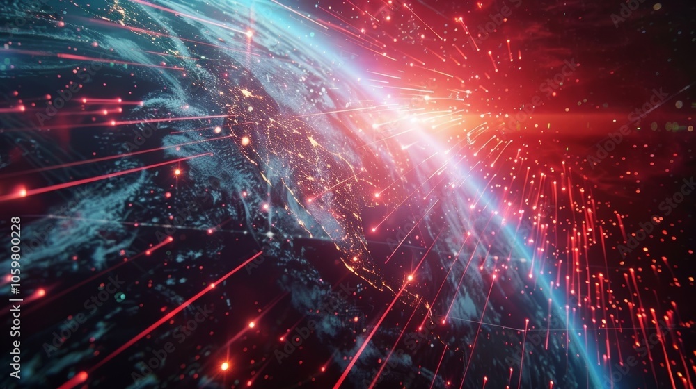 Poster a series of satellites orbit the earth their data transmissions depicted by glowing red lines that s