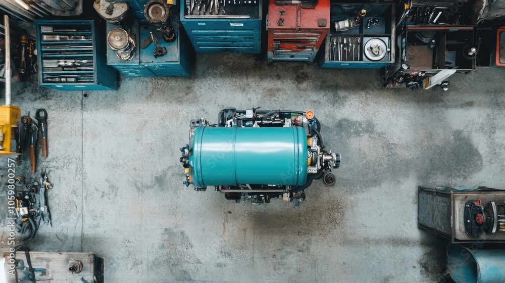 Poster aerial view of engine in workshop environment