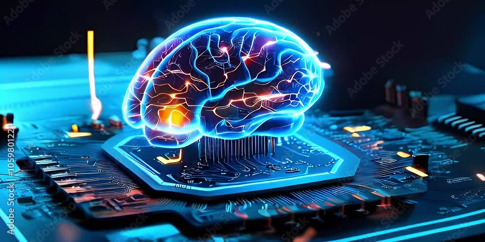 Poster a glowing blue and red brain sits on a circuit board, representing artificial intelligence or the br
