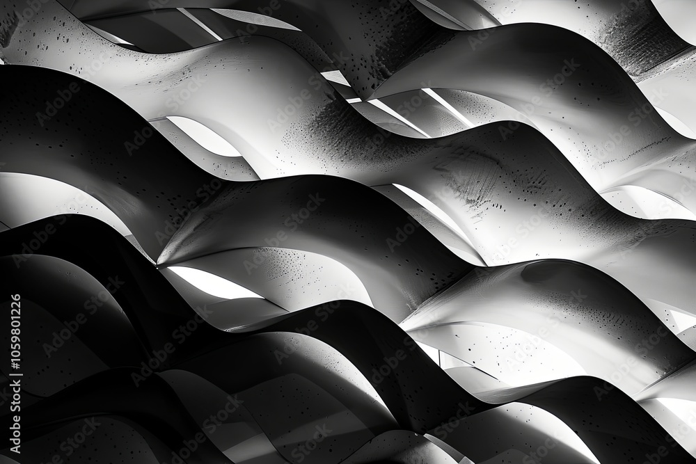 Poster intricate waves of light and shadow in a modern architectural installation captured in black and whi