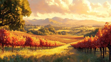 Fototapeta premium Autumn Vineyard Landscape with Mountain Range and Sunset Sky