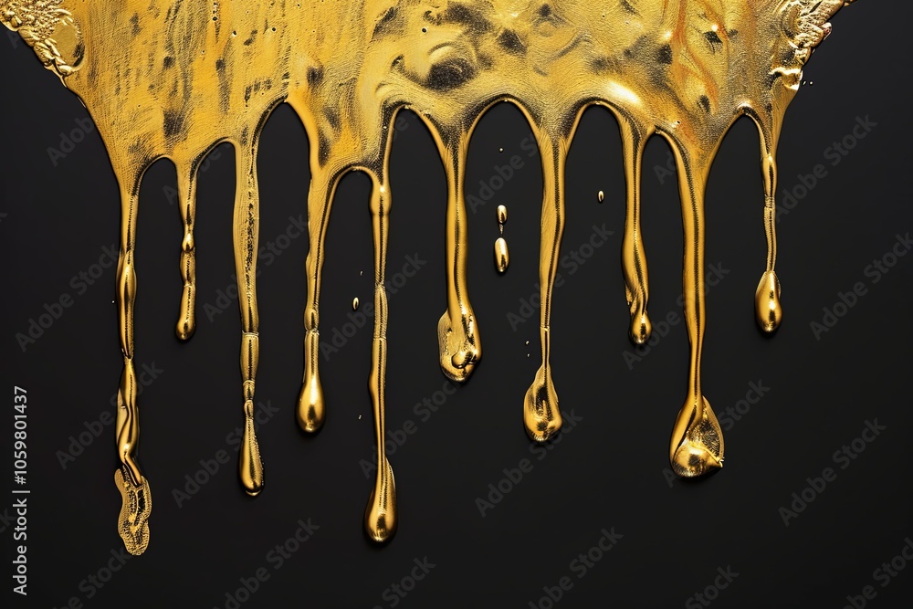 Poster golden liquid cascading down a black surface, creating a striking contrast in color and texture unde
