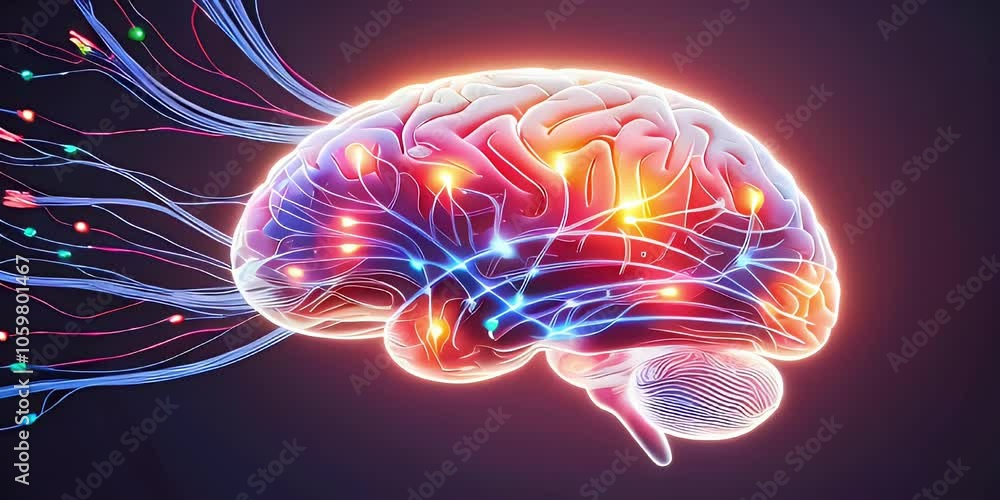 Poster 3d rendered glowing brain with colorful lines coming out, depicting neural activity and connection.