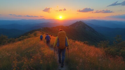 Obraz premium A group of hikers makes their way along a mountain path, surrounded by lush grass and rolling hills, as the sun sets in a colorful sky. The moment showcases nature's tranquility.