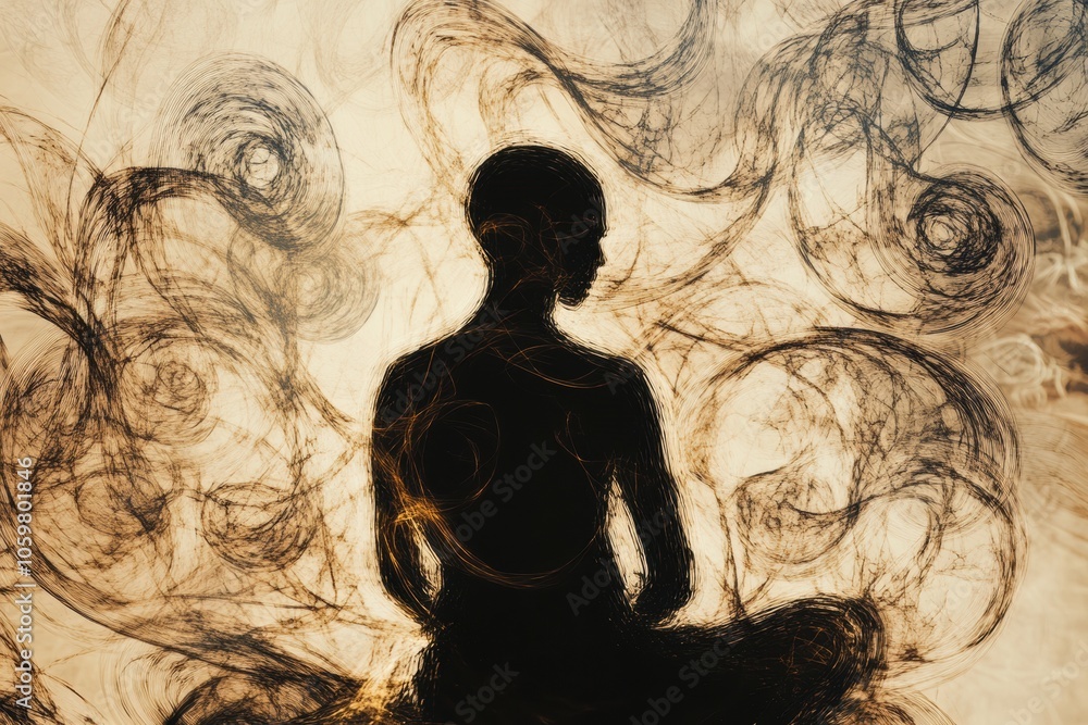 Poster a solitary figure sits in meditation, enveloped by gentle, swirling patterns that evoke a sense of t