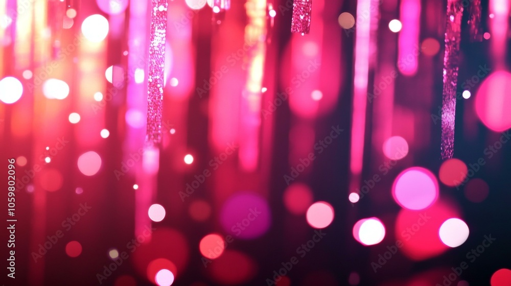 Poster pink and red background featuring numerous lights creating warm, inviting ambiance and soft glow.