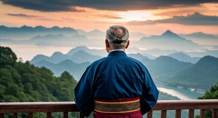 Asian Elderly Man with Gray Hair in Traditional Outfit at Mountain Cabin Back View Portrait