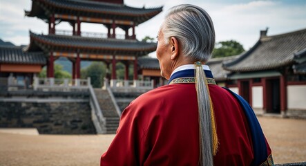 Obraz premium Asian Elderly Man with Silver Hair in Traditional Outfit at Serene Lake Back View Portrait
