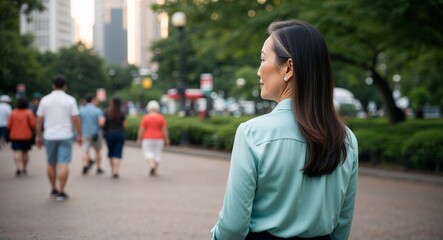 Fototapeta premium Asian Middle Aged Woman with Long Hair in Blouse at Flower Field Back View Portrait