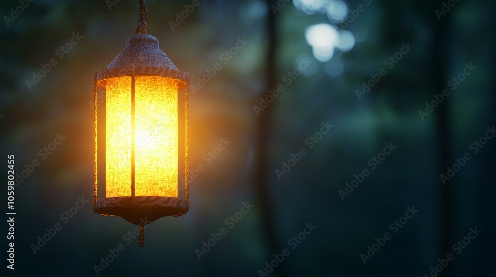 Poster lantern hanging from tree branch, casting soft glow on surrounding leaves, creating serene evening s