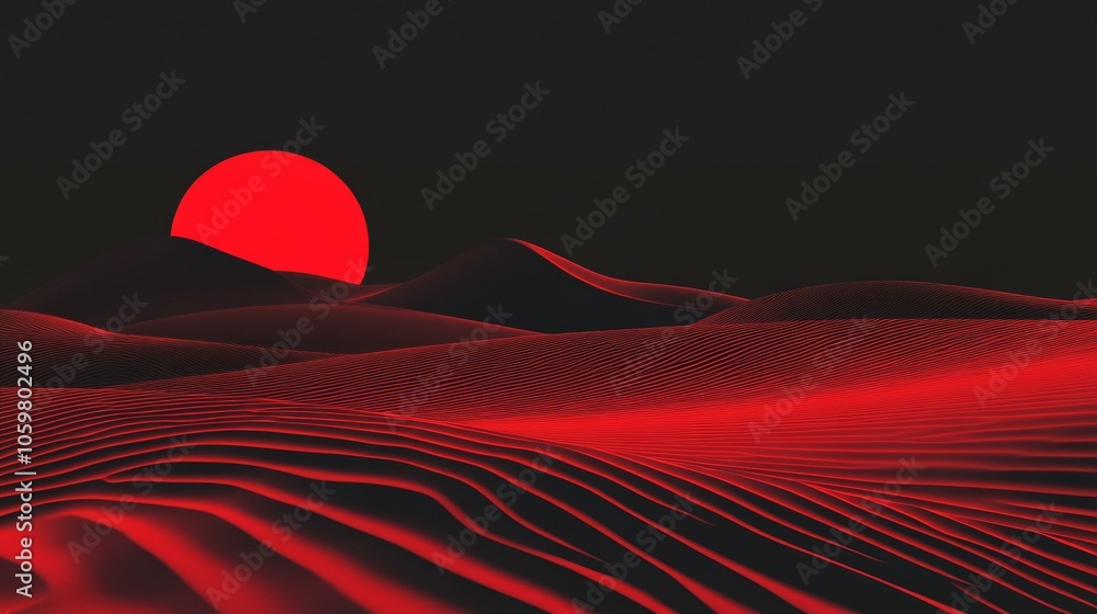 Poster red sun against black and red background, creating bold contrast with minimalistic design elements.