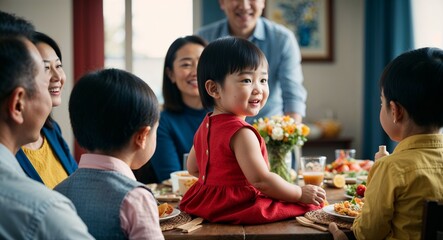 Fototapeta premium Asian Toddler with Straight Hair in Cute Outfit at Play Area Back View Portrait