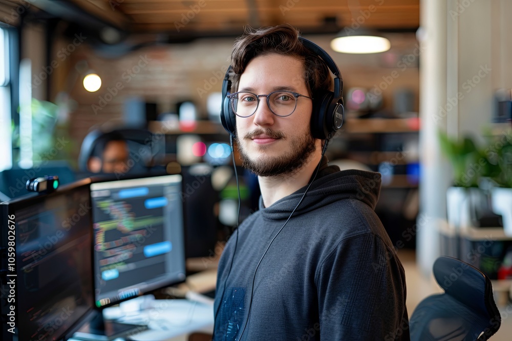 Poster young man in hoodie wearing headphones while programming at a collaborative workspace with computers