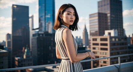 Fototapeta premium Asian Young Woman with Medium Hair in Stylish Dress at City Rooftop Back View Portrait