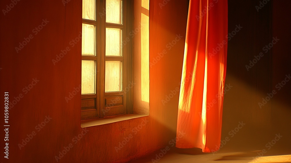 Poster sunlight filtering through window curtain casting soft shadows, creating warm, inviting ambiance ind