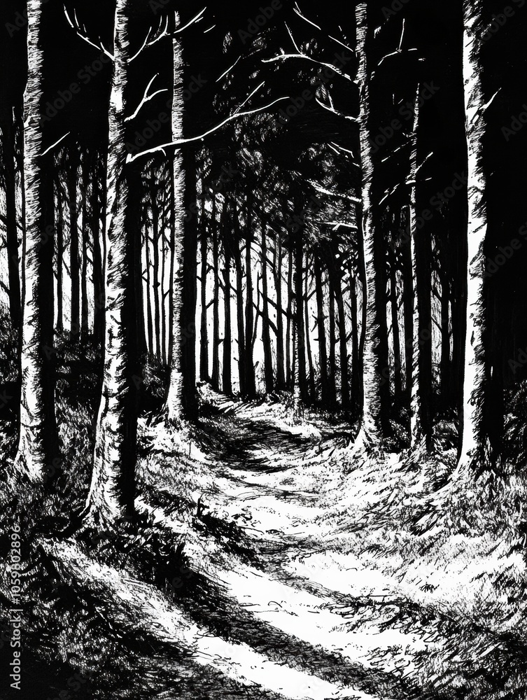 Poster A dense forest is depicted with intricate tree details and shadows, featuring a winding path inviting exploration through nature. Generative AI