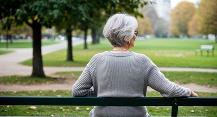 Fototapeta premium Caucasian Elderly Woman with Silver Hair in Sweater at Cozy Library Back View Portrait