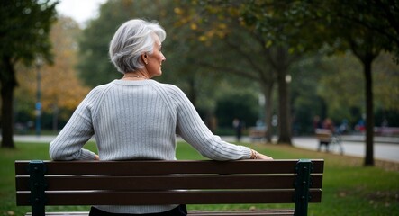 Fototapeta premium Caucasian Elderly Woman with Silver Hair in Sweater at Cozy Library Back View Portrait