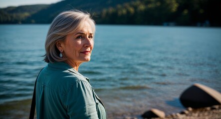 Fototapeta premium Caucasian Middle Aged Woman with Medium Hair in Casual Outfit at Lake Shore Back View Portrait