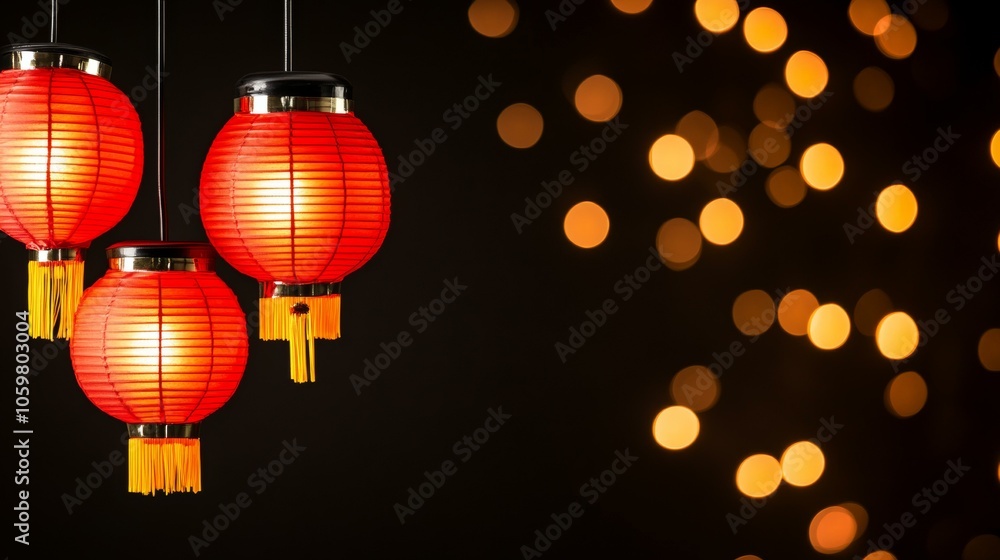 Poster three red lanterns hanging from string against clear blue sky, creating festive and cheerful ambianc