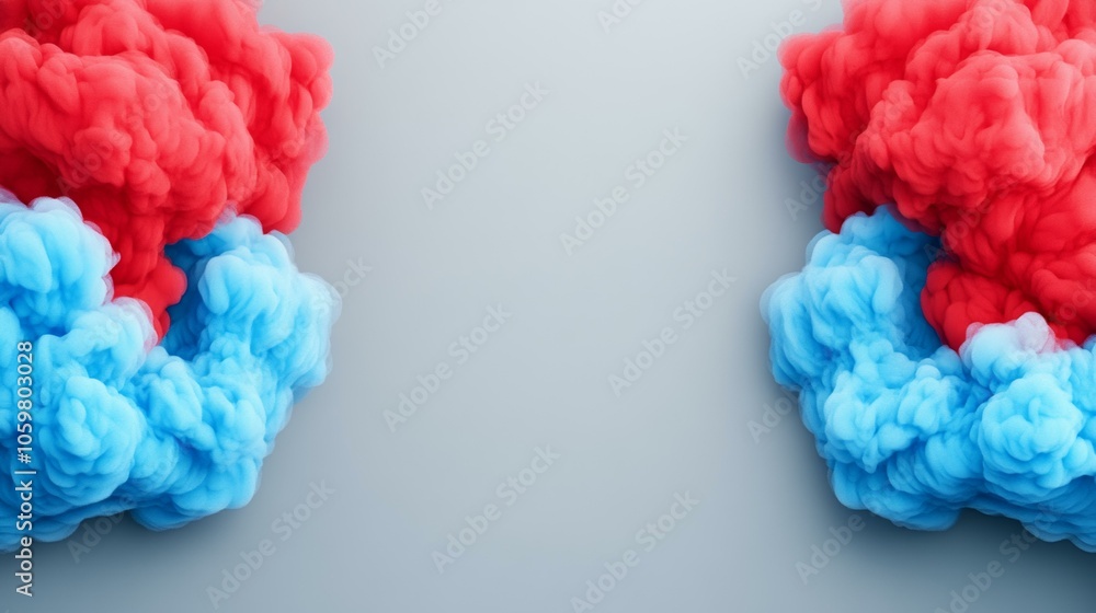 Poster red and blue smoke swirls on gray background, creating dynamic and contrasting visual effect.