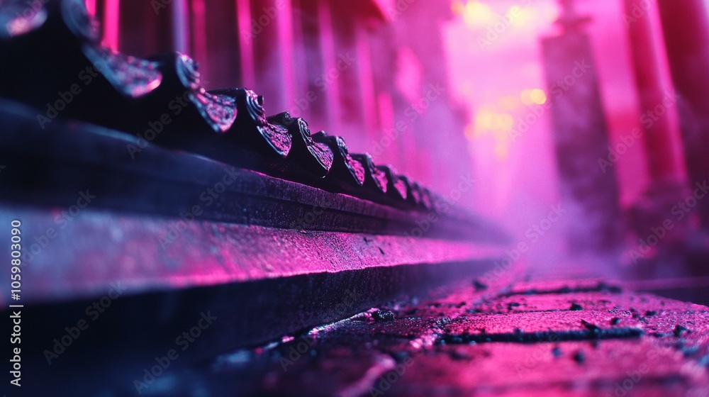 Poster close up of bench illuminated by soft pink light, creating warm and inviting ambiance in urban setti