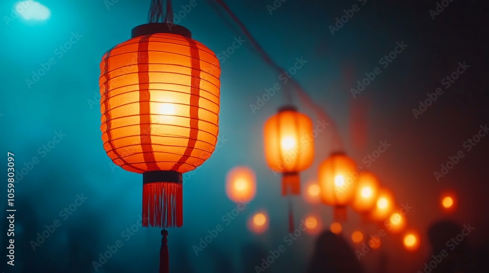 Poster chinese lanterns hanging on string during night, glowing warmly, creating enchanting scene with soft