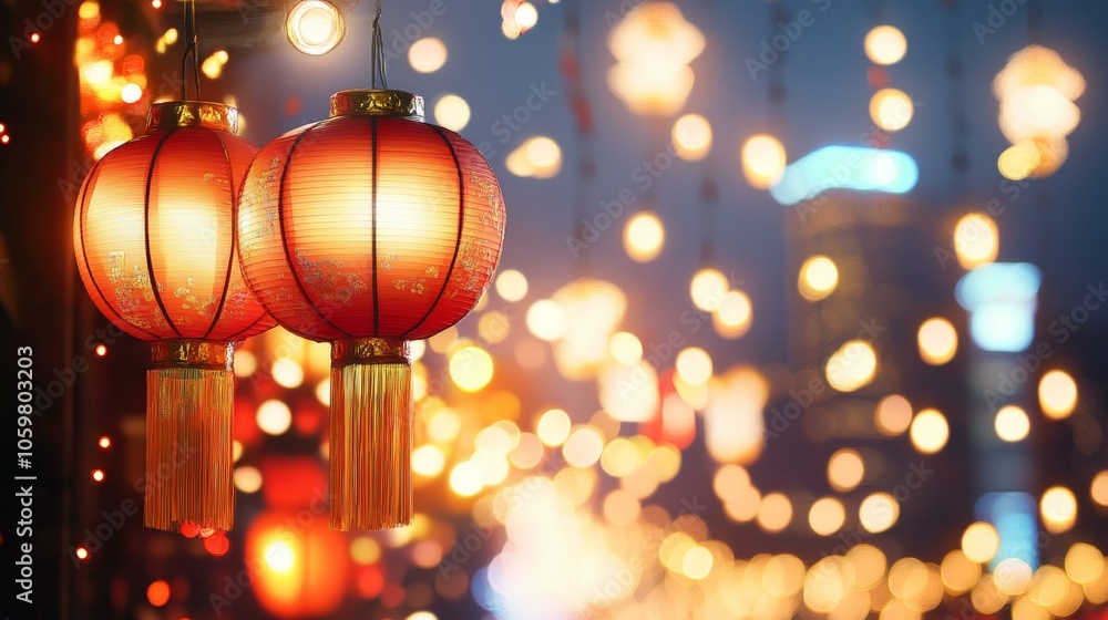 Poster two red lanterns hanging from string during evening, casting warm glow, creating festive ambiance.