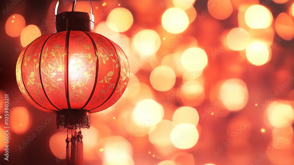 Poster red lantern hanging from string, glowing softly against dark backdrop, casting warm light in evening