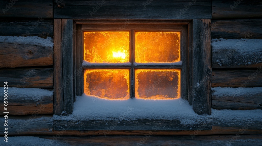 Poster a log cabin window glows warmly, illuminating the frosty glass and snow-covered sill. the winter eve