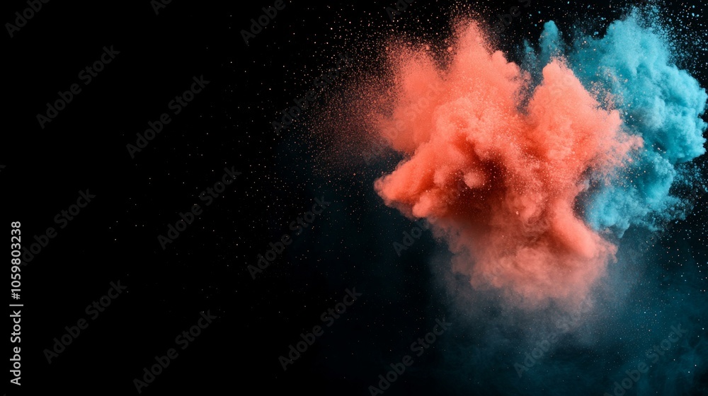 Poster blue and pink powder explosion creating vibrant cloud of color in dynamic motion against dark backgr