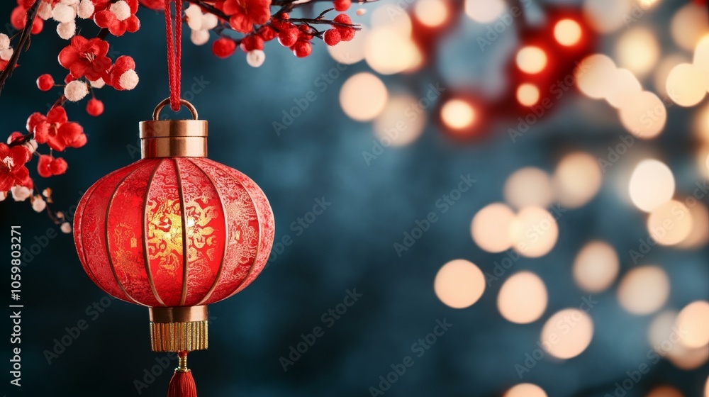 Poster red lantern hanging from tree branch casting soft glow, creating warm ambiance in serene outdoor set